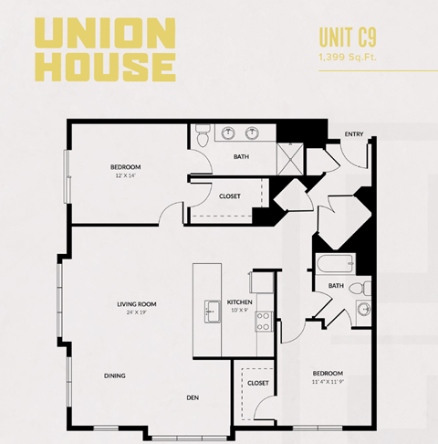 A floor plan of a Union House unit C9, which is 1,399 square feet.